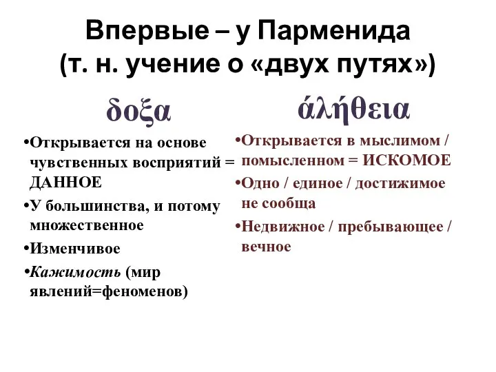 Впервые – у Парменида (т. н. учение о «двух путях») δοξα Открывается