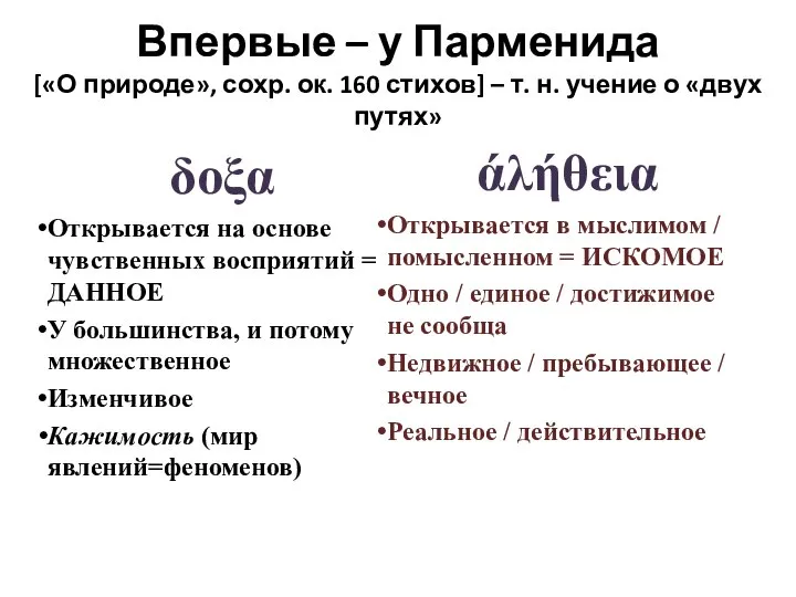 Впервые – у Парменида [«О природе», сохр. ок. 160 стихов] – т.