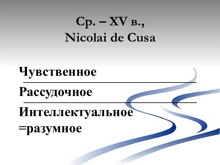 Ср. – XV в., Nicolai de Cusa Чувственное Рассудочное Интеллектуальное =разумное