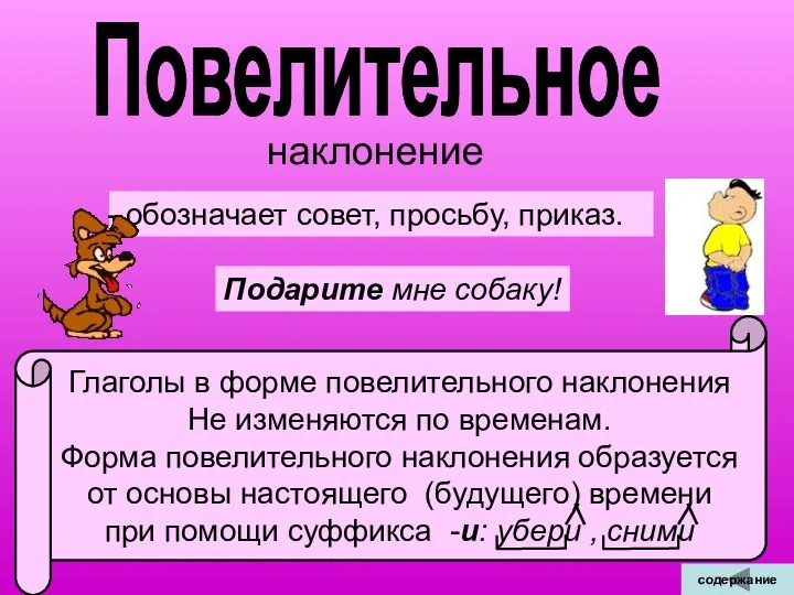 Повелительное наклонение обозначает совет, просьбу, приказ. Подарите мне собаку! содержание