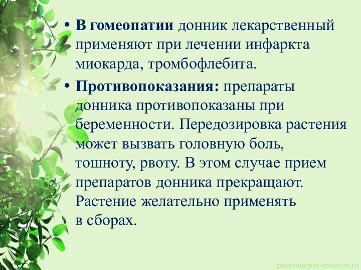 В гомеопатии донник лекарственный применяют при лечении инфаркта миокарда, тромбофлебита. Противопоказания: препараты