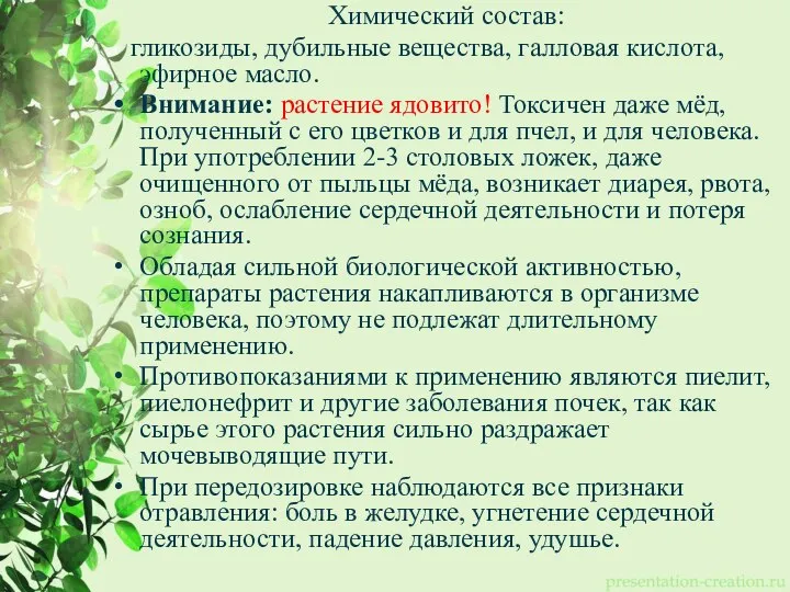 Химический состав: гликозиды, дубильные вещества, галловая кислота, эфирное масло. Внимание: растение ядовито!