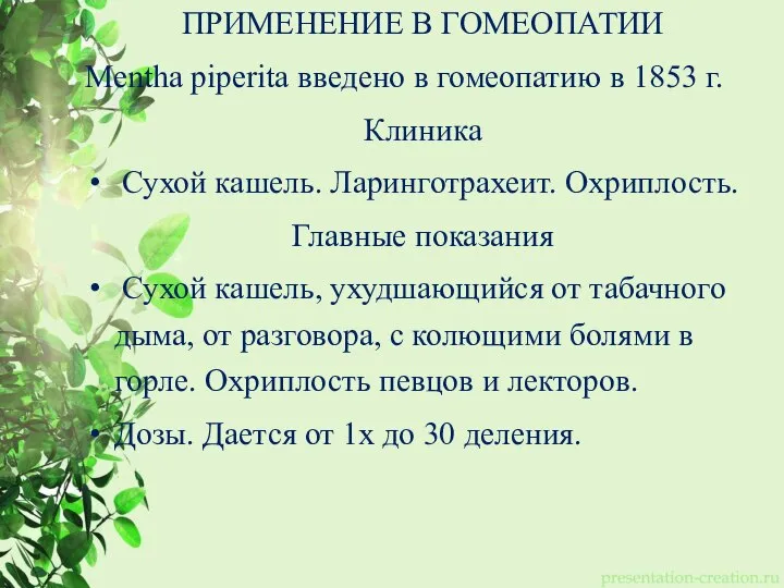 ПРИМЕНЕНИЕ В ГОМЕОПАТИИ Mentha piperita введено в гомеопатию в 1853 г. Клиника