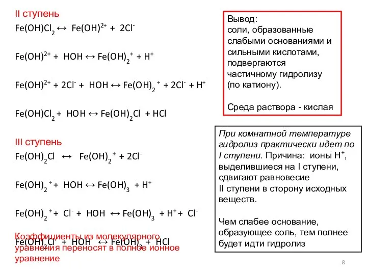 II ступень Fe(OH)Cl2 ↔ Fe(OH)2+ + 2Cl- Fe(OH)2+ + HOH ↔ Fe(OH)2+