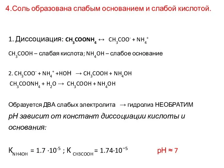 Соль образована слабым основанием и слабой кислотой. 1. Диссоциация: CH3COONH4 ↔ CH3COO-