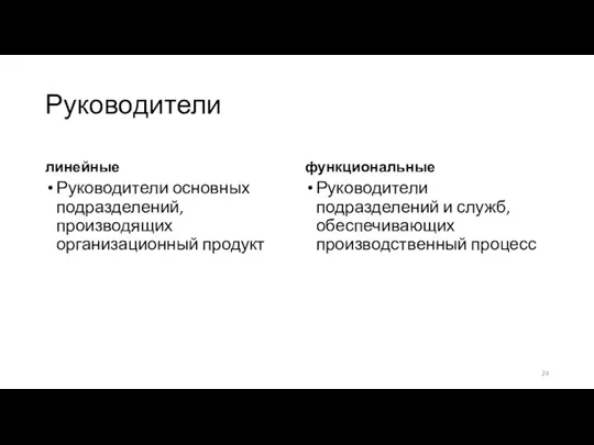 Руководители линейные Руководители основных подразделений, производящих организационный продукт функциональные Руководители подразделений и служб, обеспечивающих производственный процесс