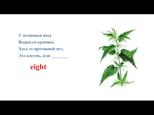 У подножья ивы Выросла крапива. Хоть ее противней нет, Это восемь, или ________ eight