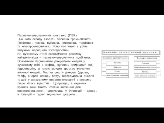 Паливно-енергетичний комплекс (ПЕК) До його складу входять паливна промисловість (нафтова, газова, вугільна,