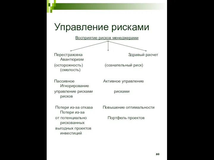 Управление рисками Восприятие рисков менеджерами Перестраховка Здравый расчет Авантюризм (осторожность) (сознательный риск)