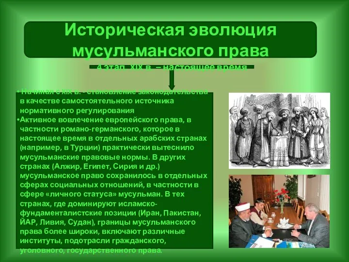 Историческая эволюция мусульманского права 4 этап. XIX в. – настоящее время Начиная