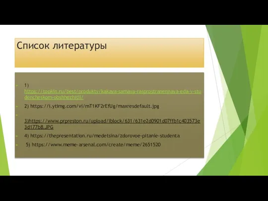 Список литературы 1) https://topkin.ru/best/produkty/kakaya-samaya-rasprostranennaya-eda-v-studencheskom-obshhezhitii/ 2) https://i.ytimg.com/vi/mT1KF2rEfUg/maxresdefault.jpg 3)https://www.prpreston.ru/upload/iblock/631/631e2d0901d07ffb1c403573e3d177b8.JPG 4) https://thepresentation.ru/medetsina/zdorovoe-pitanie-studenta 5) https://www.meme-arsenal.com/create/meme/2651520