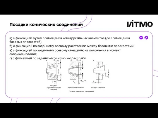 Посадки конических соединений а) с фиксацией путем совмещения конструктивных элементов (до совмещения