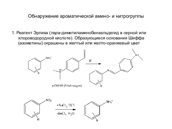 Обнаружение ароматической амино- и нитрогруппы 1. Реагент Эрлиха (пара-диметиламинобензальдегид в серной или