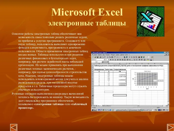 Microsoft Excel электронные таблицы Освоение работы электронных таблиц обеспечивает вам возможность самостоятельно