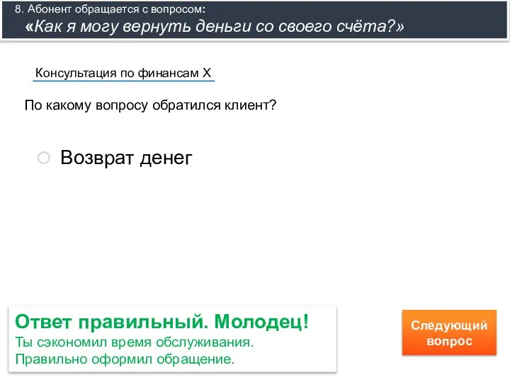 По какому вопросу обратился клиент? Консультация по финансам Х Возврат денег Следующий