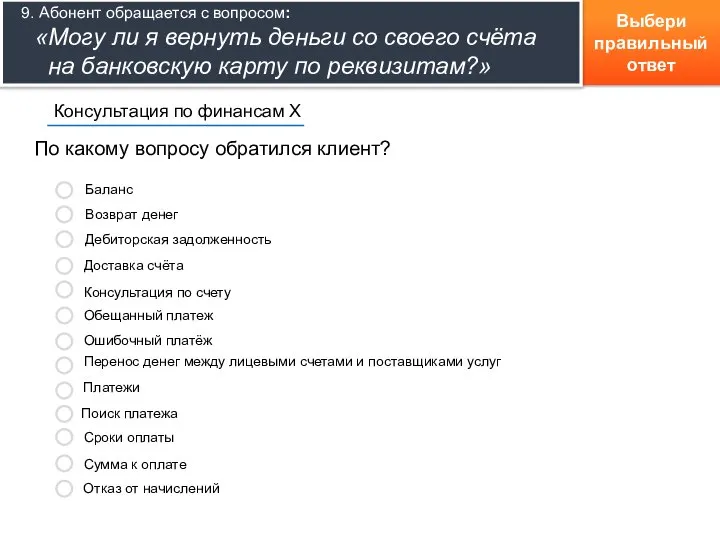 Выбери правильный ответ По какому вопросу обратился клиент? Консультация по финансам Х