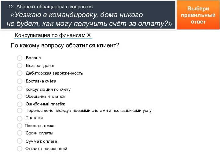 Выбери правильный ответ По какому вопросу обратился клиент? Консультация по финансам Х