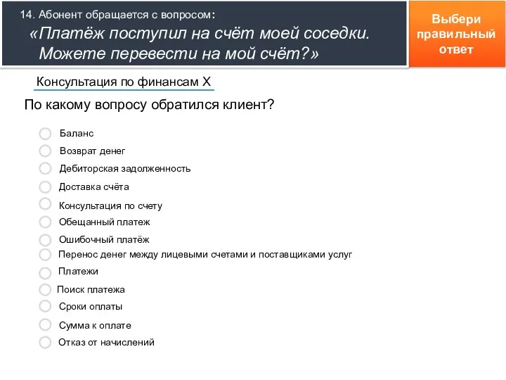 Выбери правильный ответ По какому вопросу обратился клиент? Консультация по финансам Х