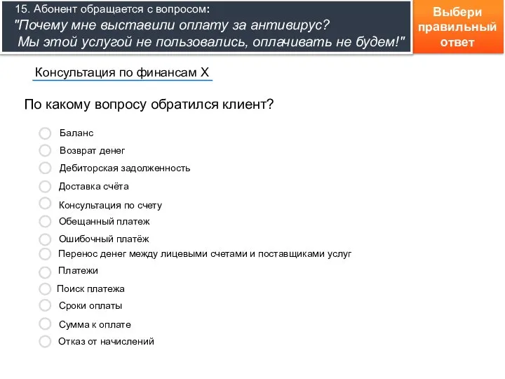 Выбери правильный ответ По какому вопросу обратился клиент? Консультация по финансам Х