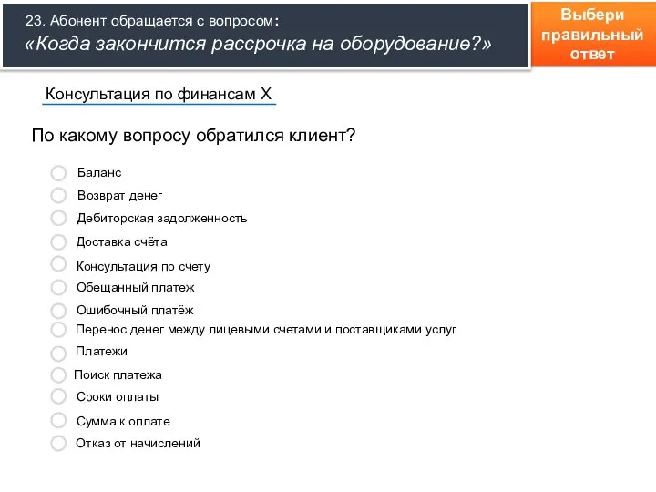 Выбери правильный ответ По какому вопросу обратился клиент? Консультация по финансам Х