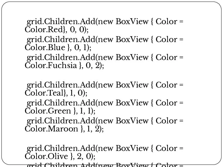 grid.Children.Add(new BoxView { Color = Color.Red}, 0, 0); grid.Children.Add(new BoxView { Color