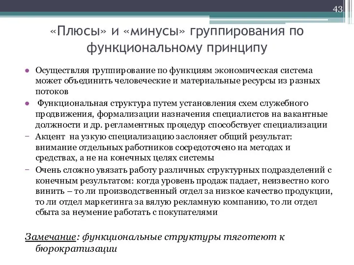 «Плюсы» и «минусы» группирования по функциональному принципу Осуществляя группирование по функциям экономическая