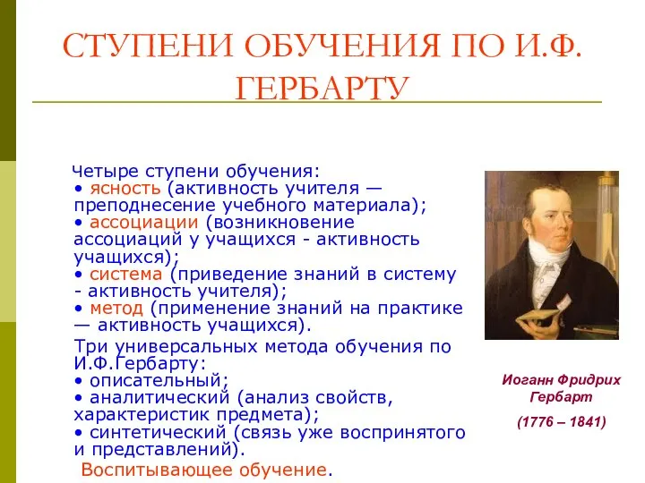 СТУПЕНИ ОБУЧЕНИЯ ПО И.Ф.ГЕРБАРТУ Четыре ступени обучения: • ясность (активность учителя —