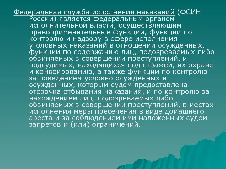 Федеральная служба исполнения наказаний (ФСИН России) является федеральным органом исполнительной власти, осуществляющим