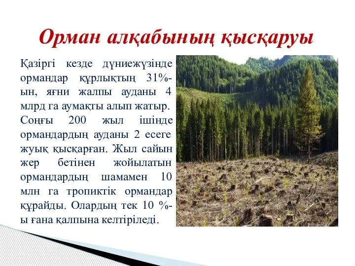 Орман алқабының қысқаруы Қазіргі кезде дүниежүзінде ормандар құрлықтың 31%-ын, яғни жалпы ауданы