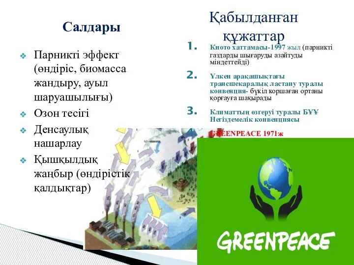 Салдары Парникті эффект (өндіріс, биомасса жандыру, ауыл шаруашылығы) Озон тесігі Денсаулық нашарлау