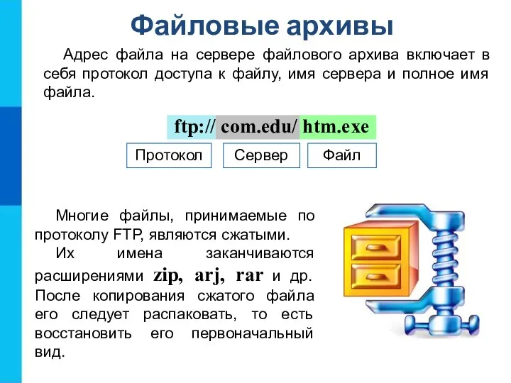 Файловые архивы ftp:// com.edu/ htm.exe Протокол Сервер Файл Адрес файла на сервере