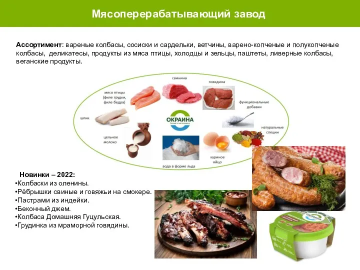 Мясоперерабатывающий завод Ассортимент: вареные колбасы, сосиски и сардельки, ветчины, варено-копченые и полукопченые