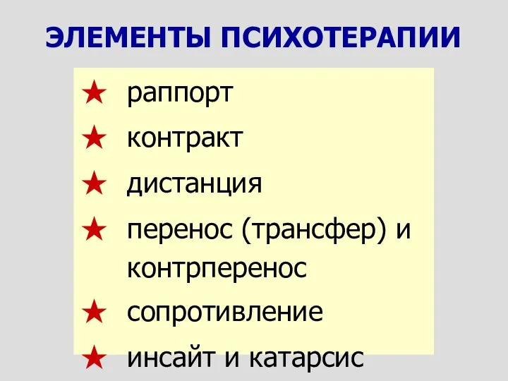 ЭЛЕМЕНТЫ ПСИХОТЕРАПИИ раппорт контракт дистанция перенос (трансфер) и контрперенос сопротивление инсайт и катарсис