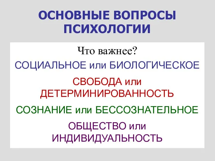 ОСНОВНЫЕ ВОПРОСЫ ПСИХОЛОГИИ Что важнее? СОЦИАЛЬНОЕ или БИОЛОГИЧЕСКОЕ СВОБОДА или ДЕТЕРМИНИРОВАННОСТЬ СОЗНАНИЕ