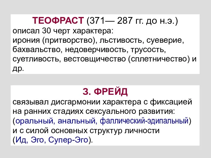 ТЕОФРАСТ (371— 287 гг. до н.э.) описал 30 черт характера: ирония (притворство),