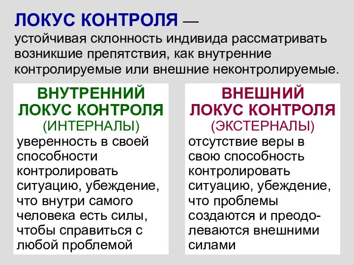 ЛОКУС КОНТРОЛЯ — устойчивая склонность индивида рассматривать возникшие препятствия, как внутренние контролируемые