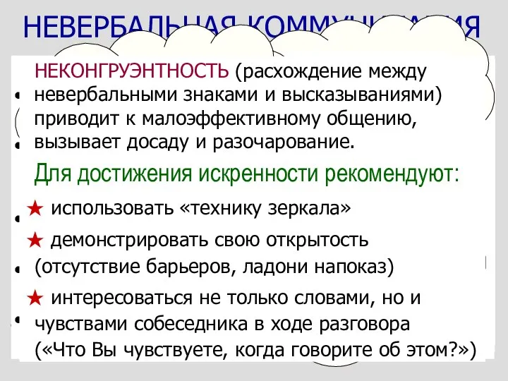 МОДАЛЬНОСТЬ ОБЩЕНИЯ Зрительная — состояние обдумывания, взгляд выше собеседника, использование предикатов: видеть,