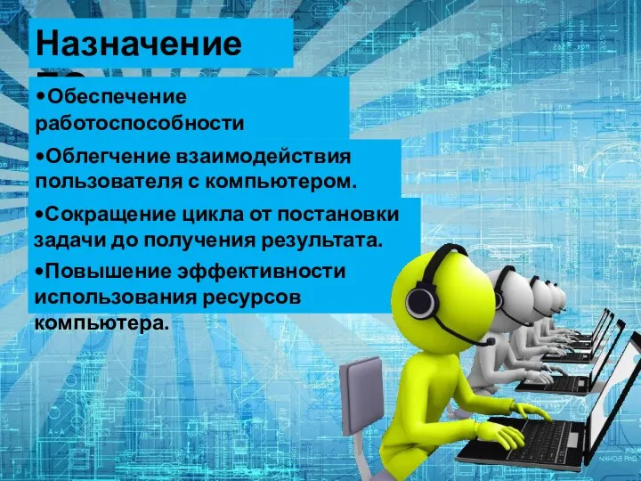 Назначение ПО: •Обеспечение работоспособности компьютера. •Облегчение взаимодействия пользователя с компьютером. •Сокращение цикла