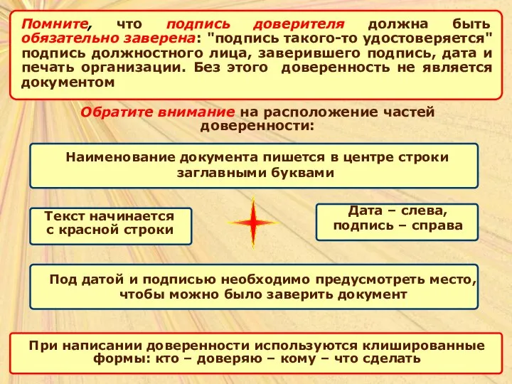 Помните, что подпись доверителя должна быть обязательно заверена: "подпись такого-то удостоверяется" подпись