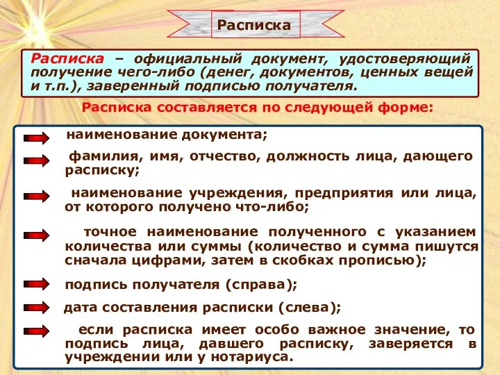 Расписка составляется по следующей форме: наименование документа; фамилия, имя, отчество, должность лица,