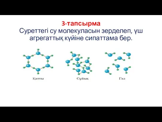 3-тапсырма Суреттегі су молекуласын зерделеп, үш агрегаттық күйіне сипаттама бер.