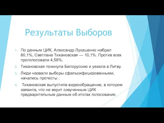 Результаты Выборов По данным ЦИК, Александр Лукашенко набрал 80,1%, Светлана Тихановская —