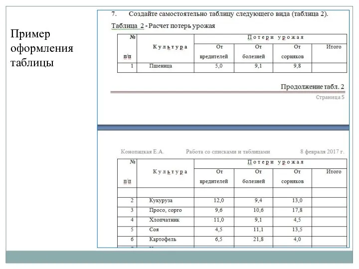 Пример оформления таблицы