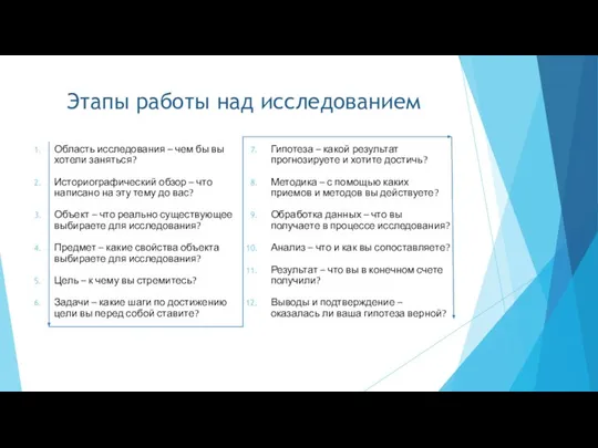 Этапы работы над исследованием Область исследования – чем бы вы хотели заняться?