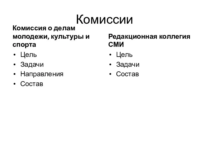 Комиссии Комиссия о делам молодежи, культуры и спорта Цель Задачи Направления Состав