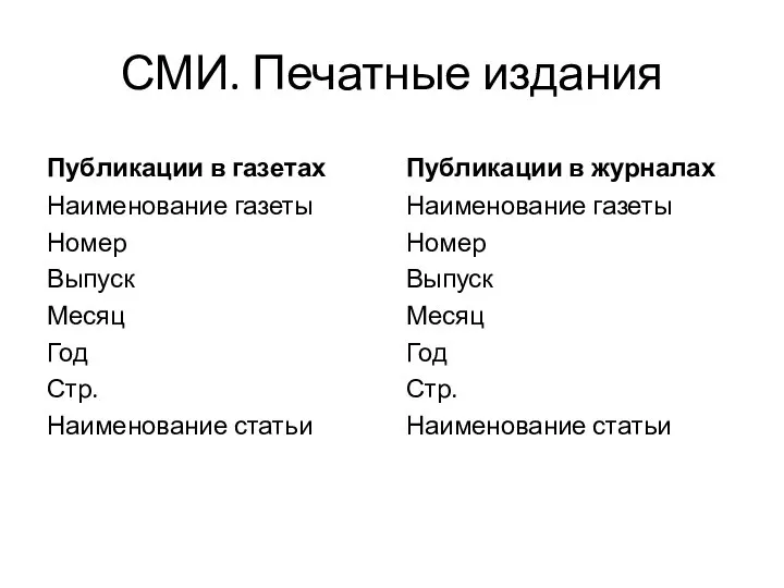 СМИ. Печатные издания Публикации в газетах Наименование газеты Номер Выпуск Месяц Год