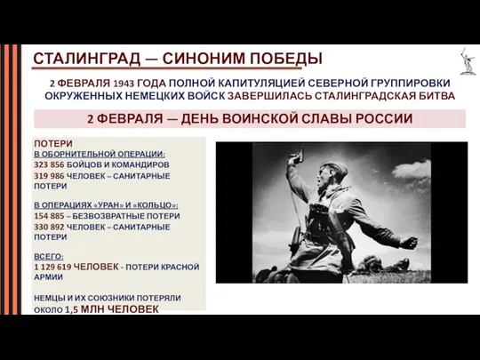 СТАЛИНГРАД — СИНОНИМ ПОБЕДЫ ПОТЕРИ В ОБОРНИТЕЛЬНОЙ ОПЕРАЦИИ: 323 856 БОЙЦОВ И