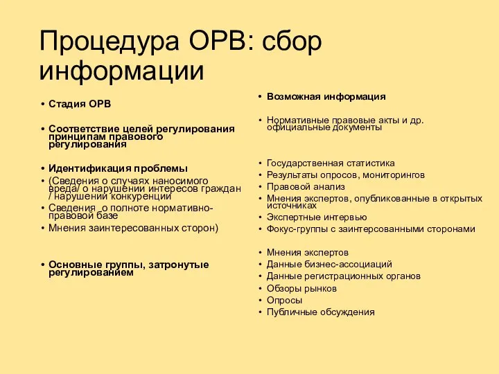 Процедура ОРВ: сбор информации Стадия ОРВ Соответствие целей регулирования принципам правового регулирования