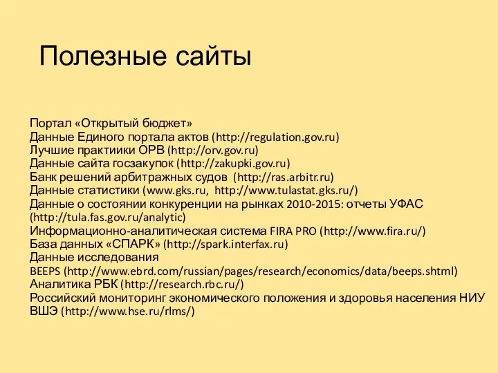 Полезные сайты Портал «Открытый бюджет» Данные Единого портала актов (http://regulation.gov.ru) Лучшие практиики