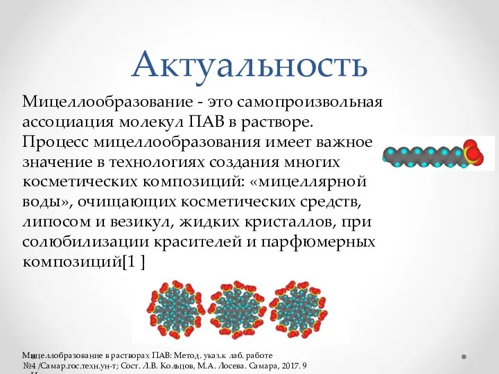 Актуальность Мицеллообразование - это самопроизвольная ассоциация молекул ПАВ в растворе. Процесс мицеллообразования